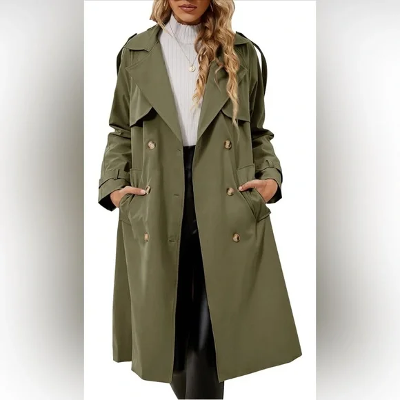 Fangetey Women's Classic Double Breasted Long Trench Coat - Waterproof, Belted, Mid Knee Length